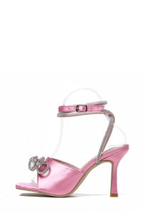 Diamante Bow Embellished Open Square Toe Heels - Pink