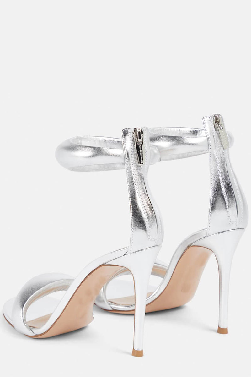 Faux Leather 'Bubble' Straps Pointed Toe Stiletto Heels - Silver