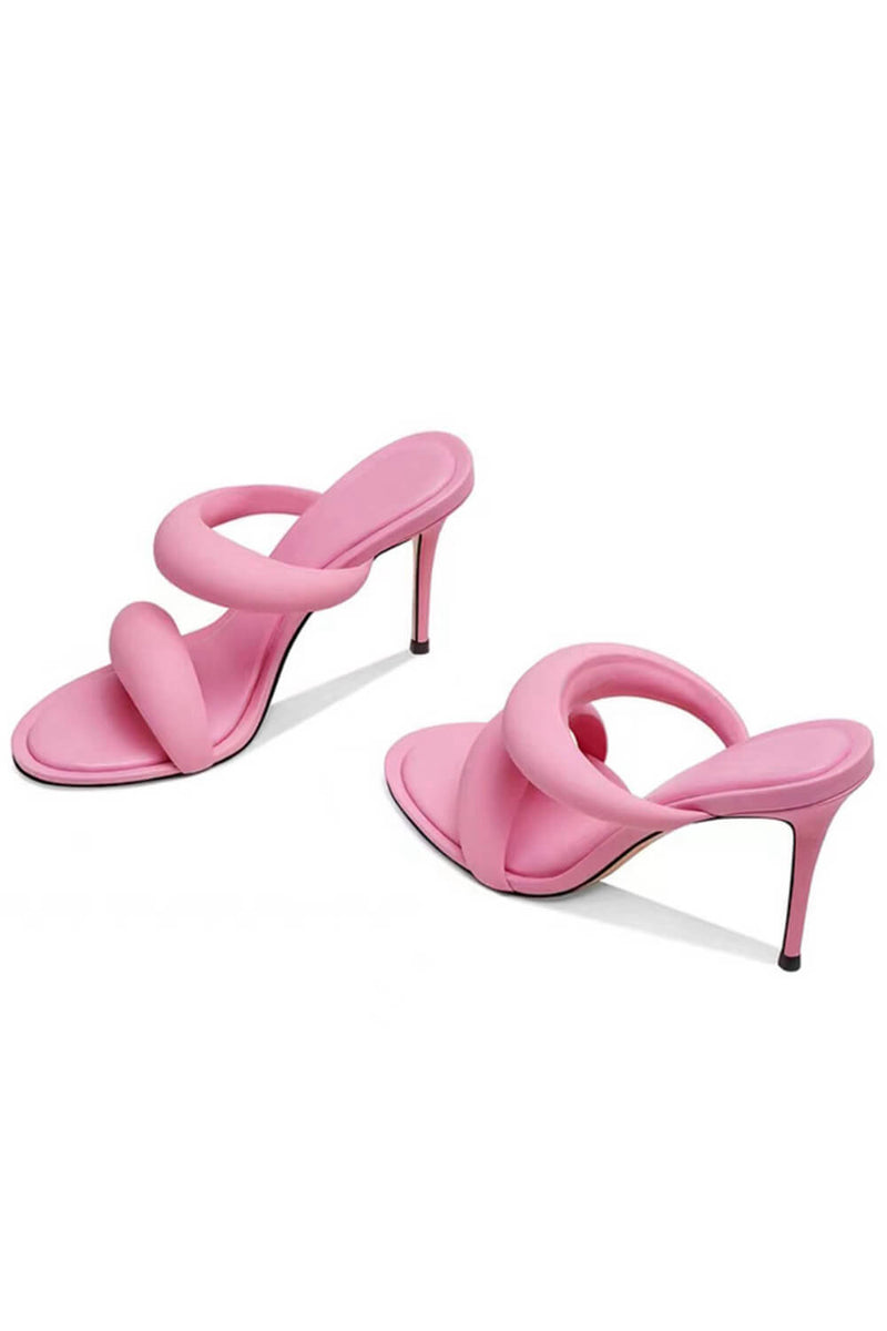 Doulbe Puffed Straps Open Toe Mule Sandals - Pink
