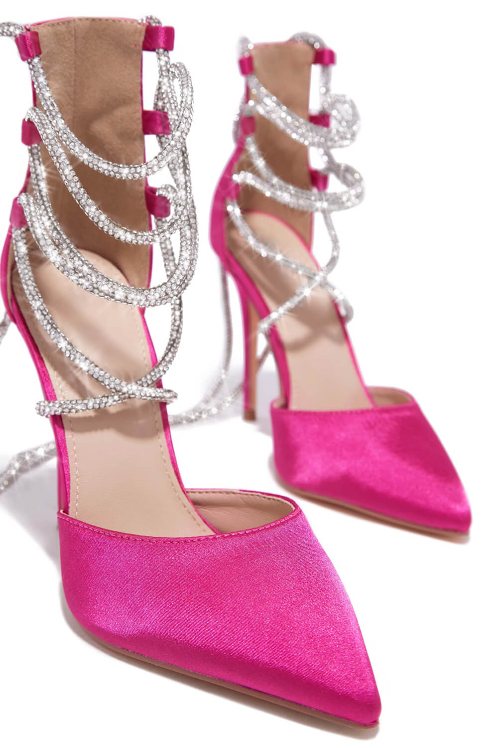 Embellished Coil Lace Up Pointed Toe Stiletto Pumps - Hot Pink