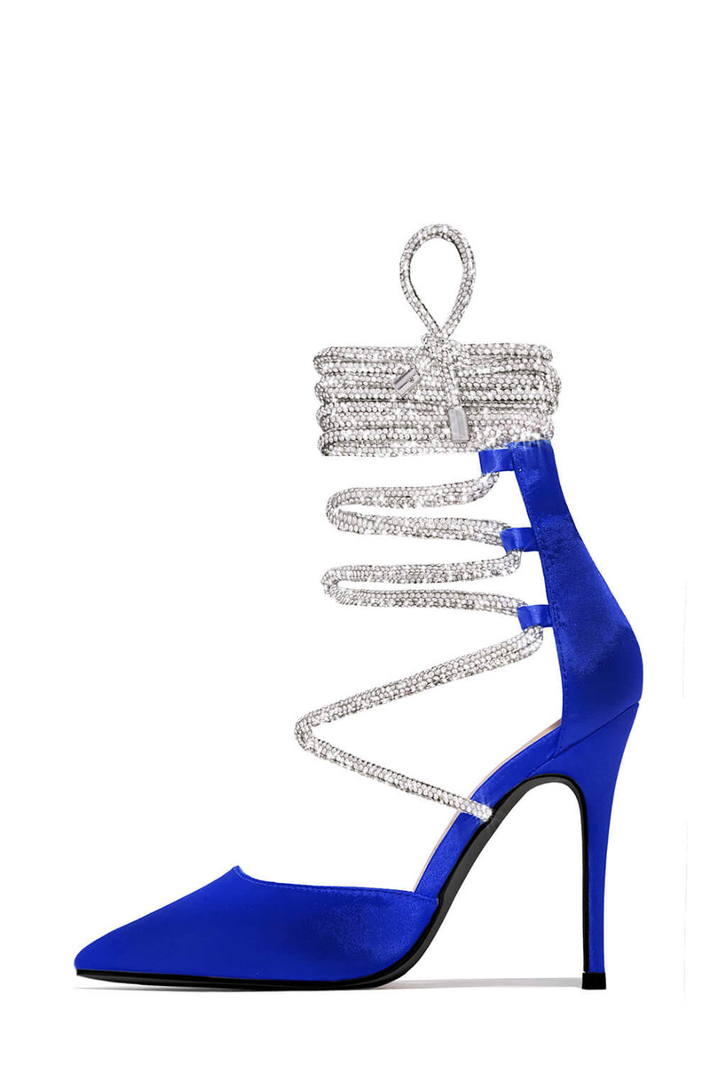 Embellished Coil Lace Up Pointed Toe Stiletto Pumps - Blue