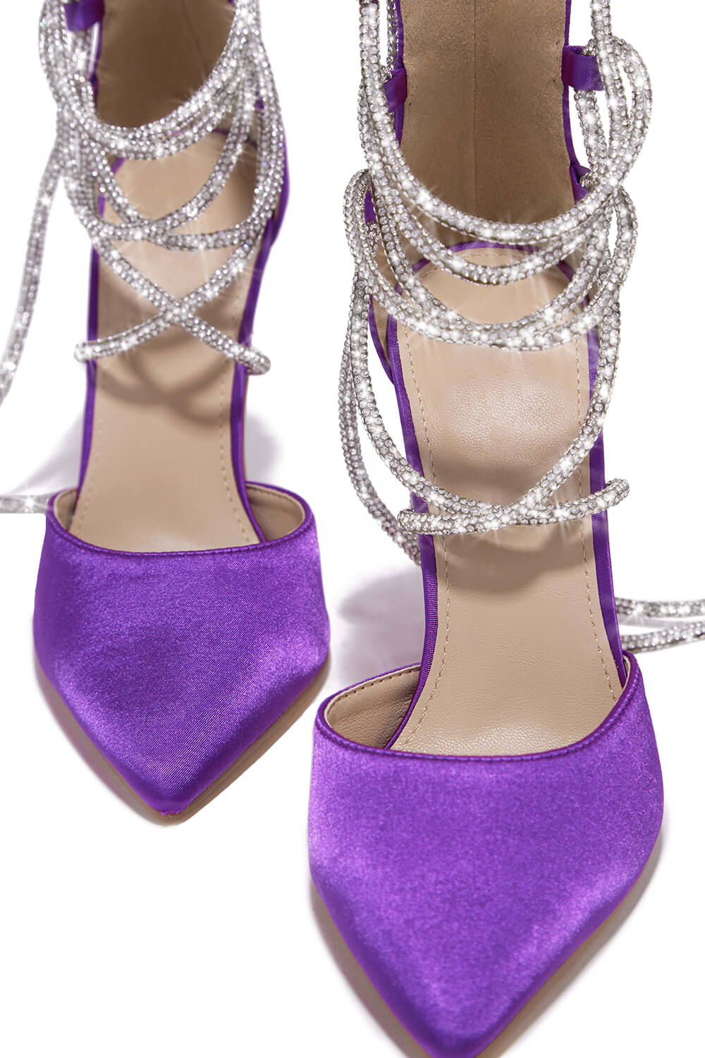 Embellished Coil Lace Up Pointed Toe Stiletto Pumps - Purple