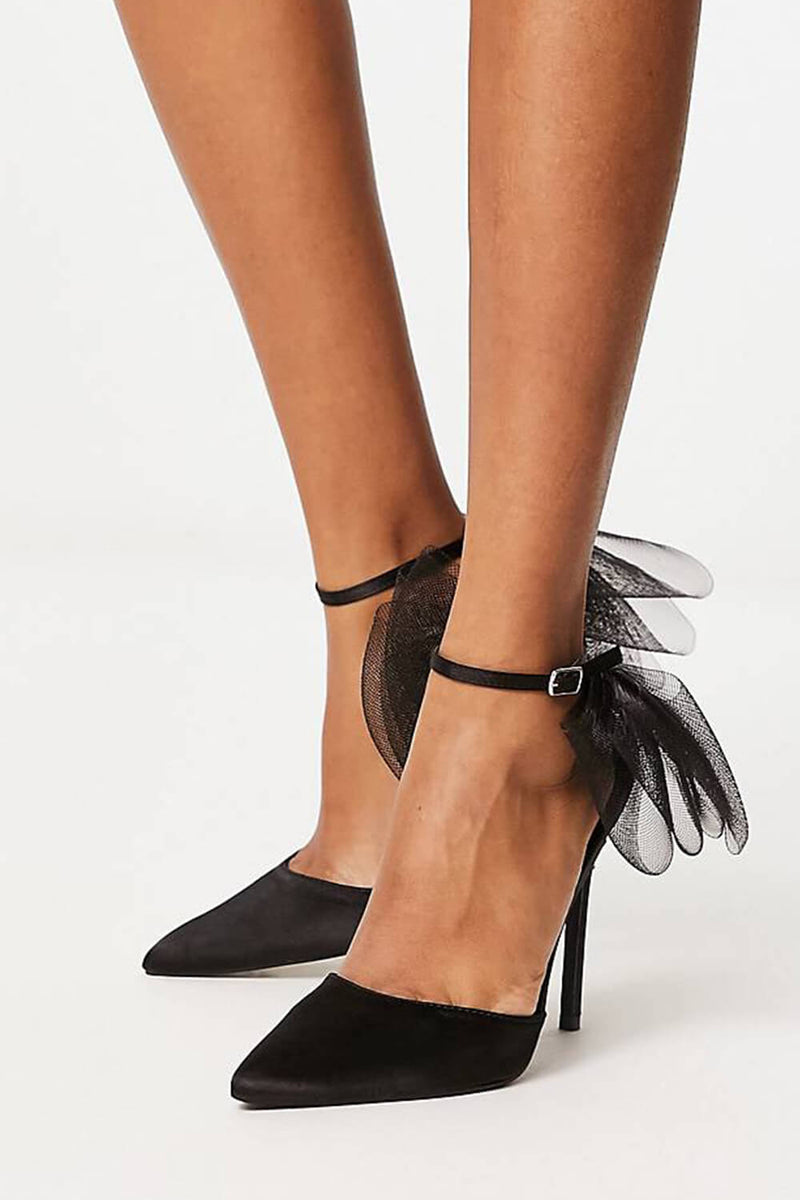 Tulle Bow Ankle Strap Pointed Toe High Heel Sandal - Black