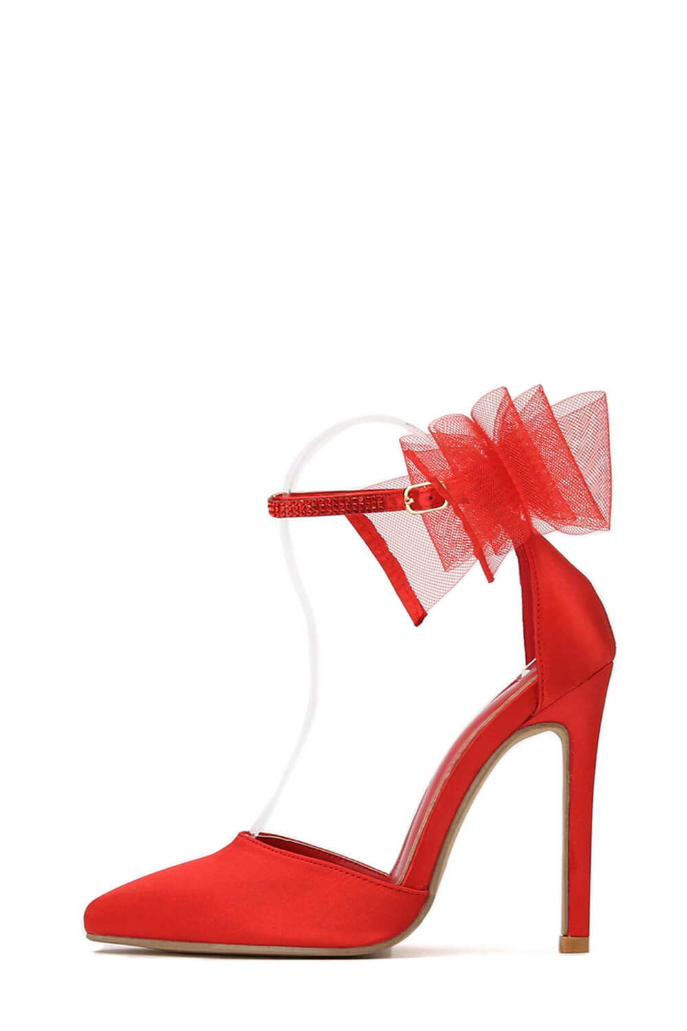 Tulle Bow Ankle Strap Pointed Toe High Heel Sandal - Red