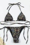 Brown Paisley Print Triangle Ring Detailing Tie Side Bikini Set