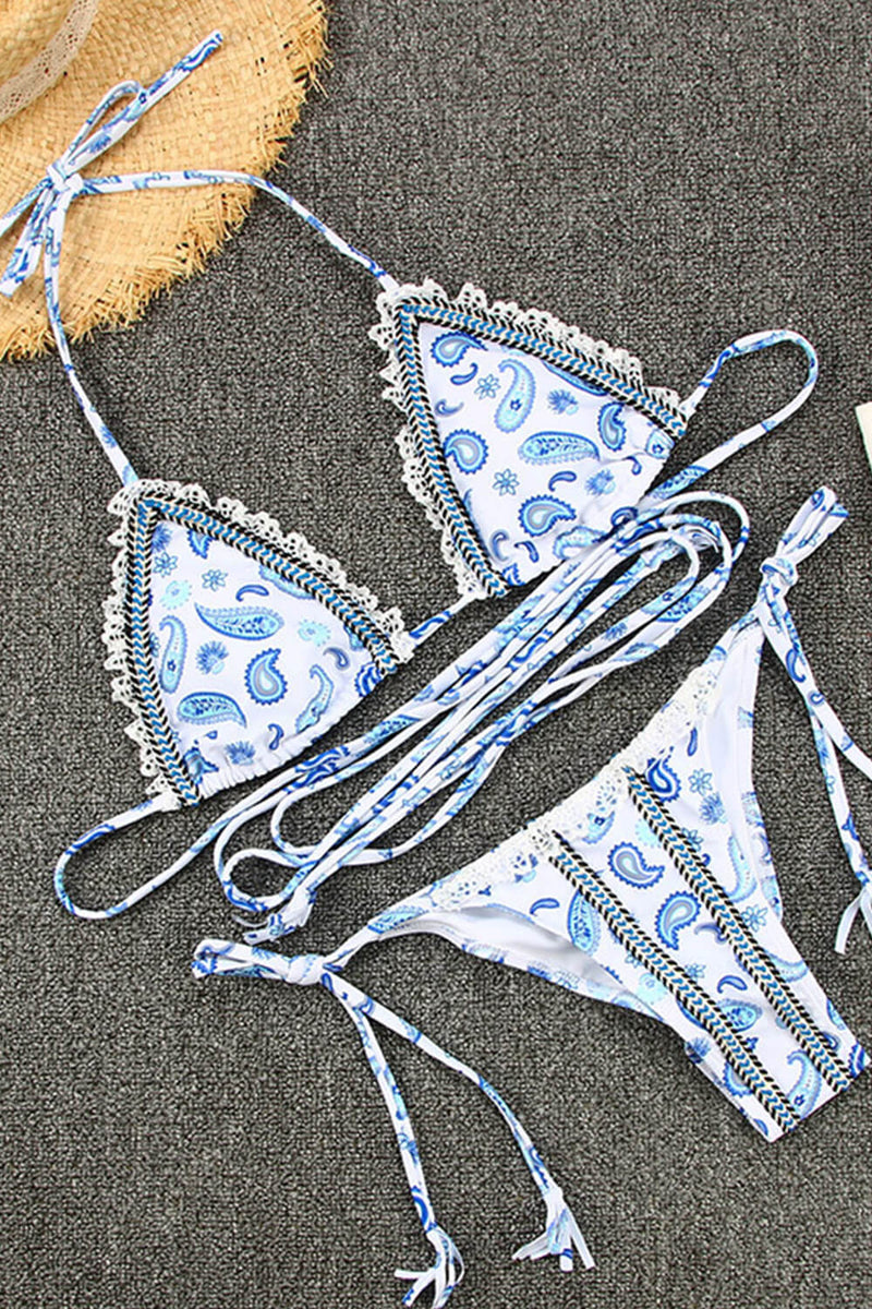 Blue Paisley Print Triangle Wrap Tie Bikini Set With Frill Detailing