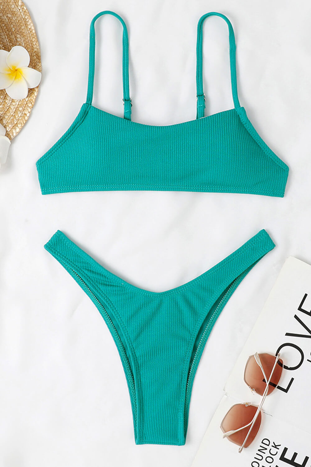 Ribbed Scoop HighLeg Cheeky Bikini Set Hot Pink/Yellow/Jade Green/R FloralKini