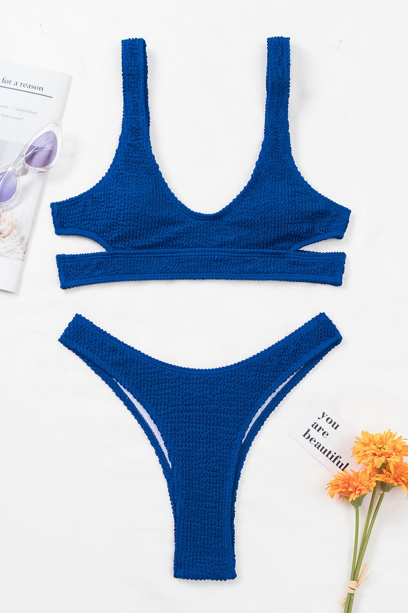Blue Crinkle Plunge Neck Crop Cut-Out Bikini Set