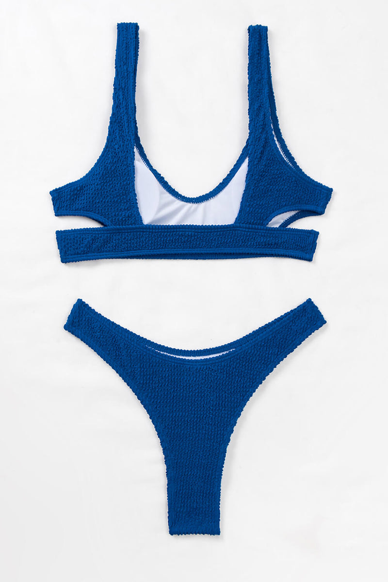 Blue Crinkle Plunge Neck Crop Cut-Out Bikini Set