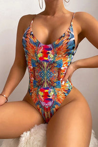 Feather Printed V Neck High Leg Open Back One Piece Swimsuit