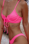 Hot Pink Ribbed Underwired Lace Up Bikini Set
