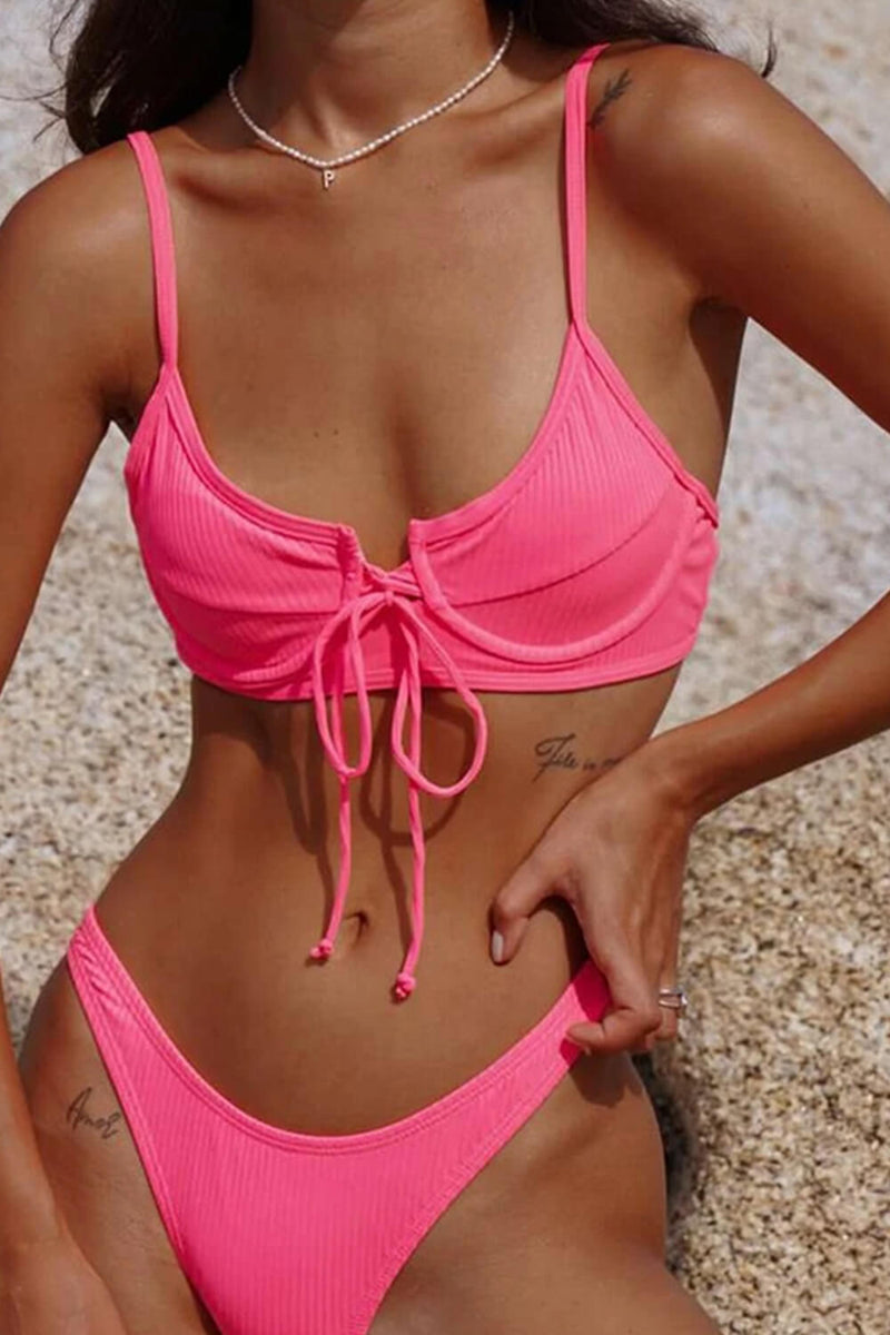 Hot Pink Ribbed Underwired Lace Up Bikini Set