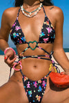 Bear Print Triangle Halter Wrap Around Bikini Set With Heart Ring Detail - Blue/Black