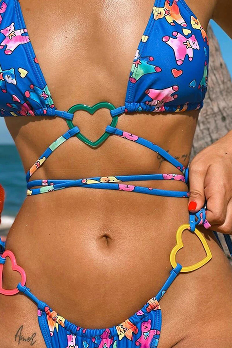Bear Print Triangle Halter Wrap Around Bikini Set With Heart Ring Detail - Blue/Black