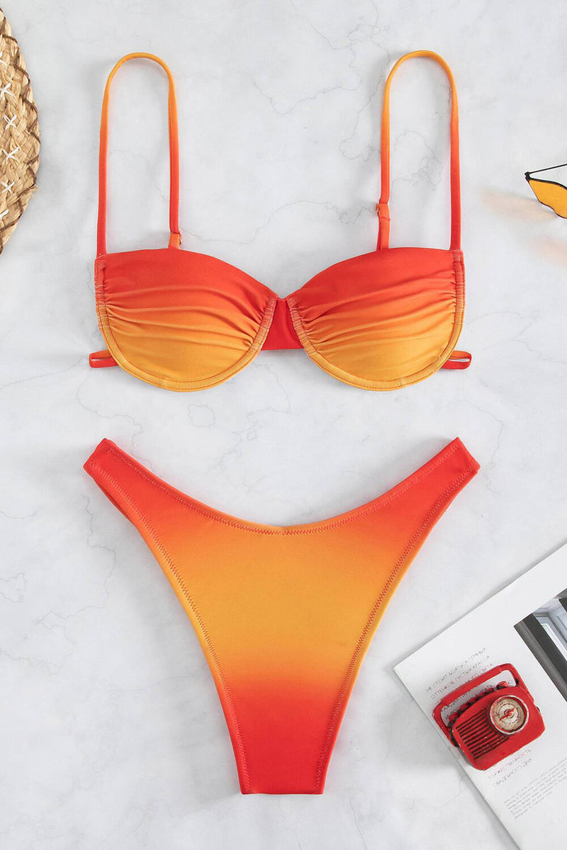 Ombre Balconette Underwire High-Cut Bikini Set - Red