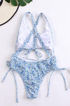 Blue Floral Ruched Tie Front Key Hole Cut-Out Cross Back One Piece Swimsuit