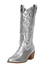 Silver Metallic Mid-Calf Western Cowboy Pointed Toe Block Heeled Boot