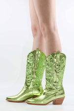 Green Metallic Mid-Calf Western Cowboy Pointed Toe Block Heeled Boot