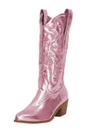 Pink Metallic Mid-Calf Western Cowboy Pointed Toe Block Heeled Boot