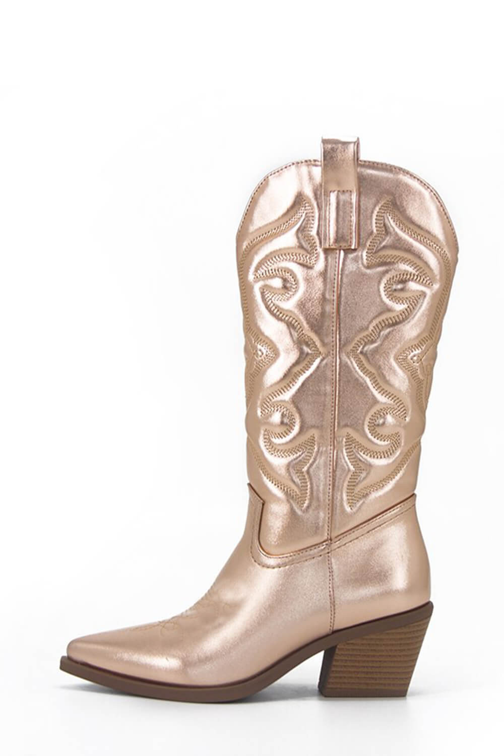 Champagne Metallic Mid-Calf Western Cowboy Pointed Toe Block Heeled Boot