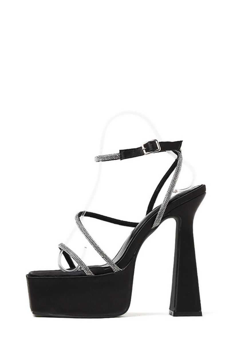 Satin Diamante Open Square Toe Platform Ankle Heels - Black