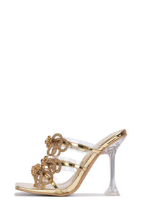 Clear Perspex Crystal Triple Bow Embellished Square Toe Stiletto Mules - Gold