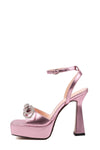 Diamante Double Bow Embellished Open Square Toe Platform Ankle Sandals - Pink