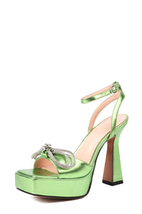 Diamante Double Bow Embellished Open Square Toe Platform Ankle Sandals - Green