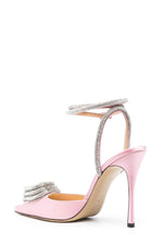 Pink Satin Triple Heart Crystal-Embellished Wrap Around Pointed Toe Stiletto Heels