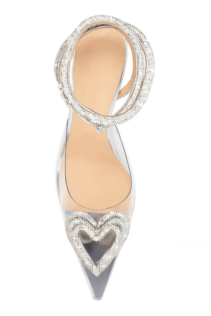 Clear Perspex Triple Heart Crystal-Embellished Wrap Around Pointed Toe Stiletto Heels