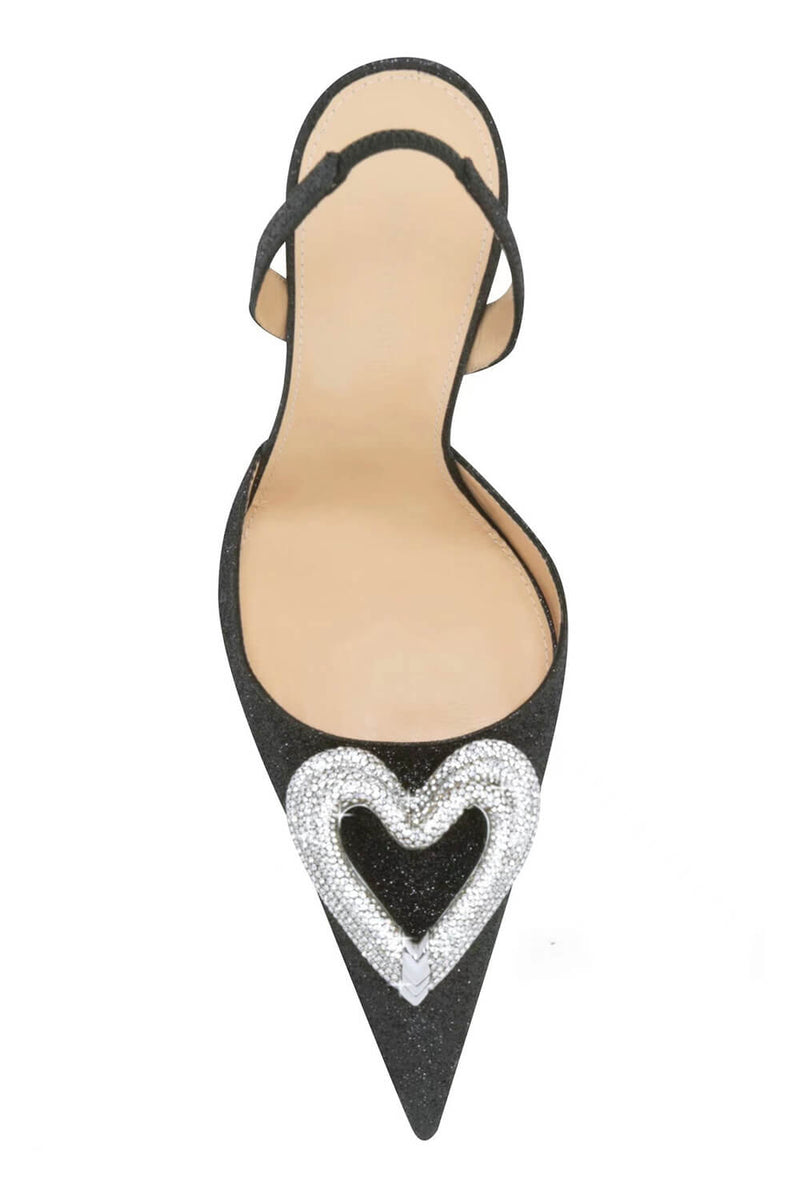 Black Glitter Triple Heart Crystal-Embellished Wrap Around Pointed Toe Stiletto Heels