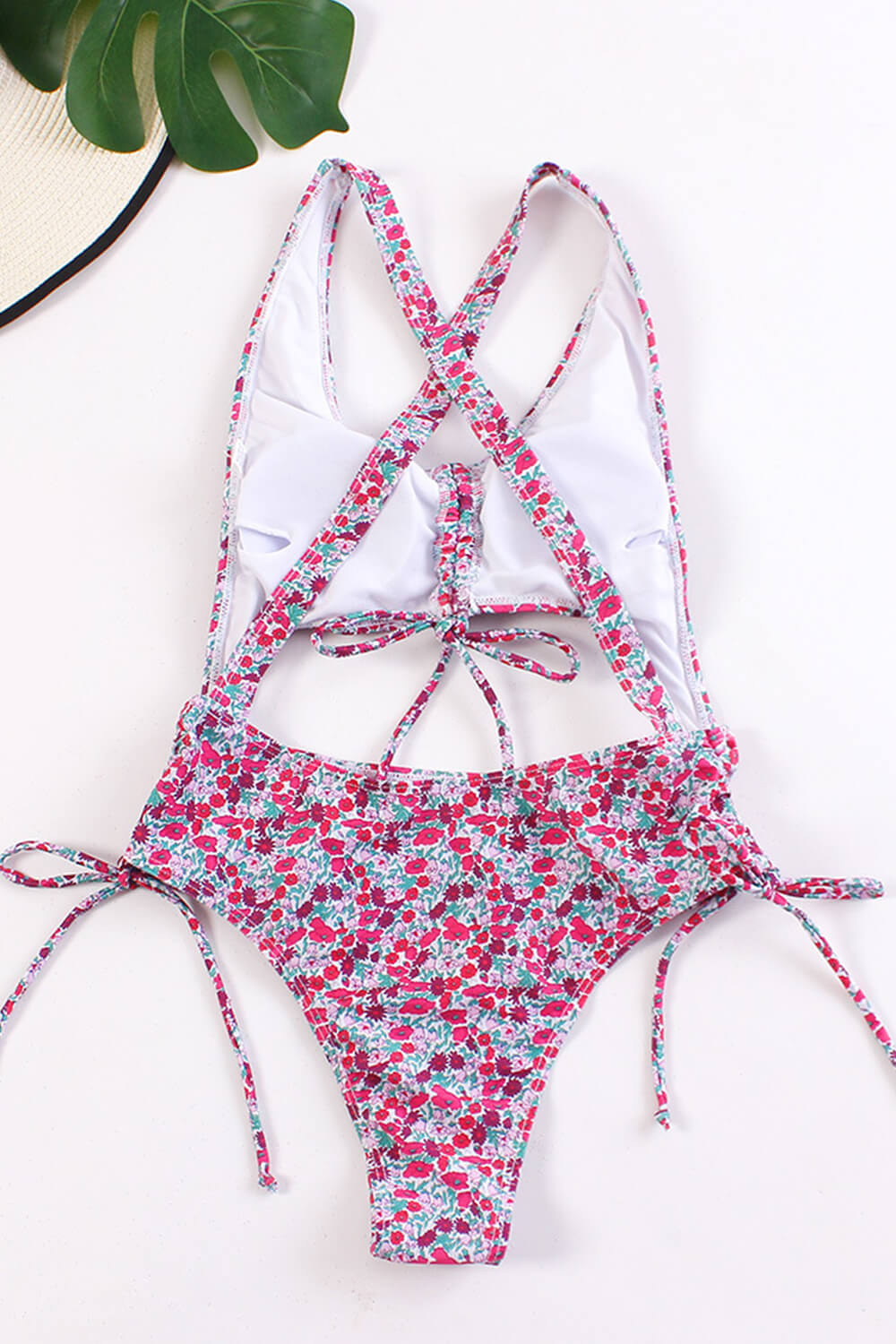 Pink Floral Ruched Tie Front Key Hole Cut-Out Cross Back One Piece Swimsuit