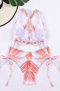 Coral Palm Print Ruched Tie Front Key Hole Cut-Out Cross Back One Piece Swimsuit