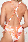 Coral Palm Print Ruched Tie Front Key Hole Cut-Out Cross Back One Piece Swimsuit