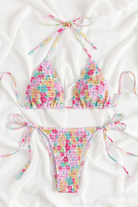 Flower Print Crinkle Triangle Halter Tie Side Bikini Set
