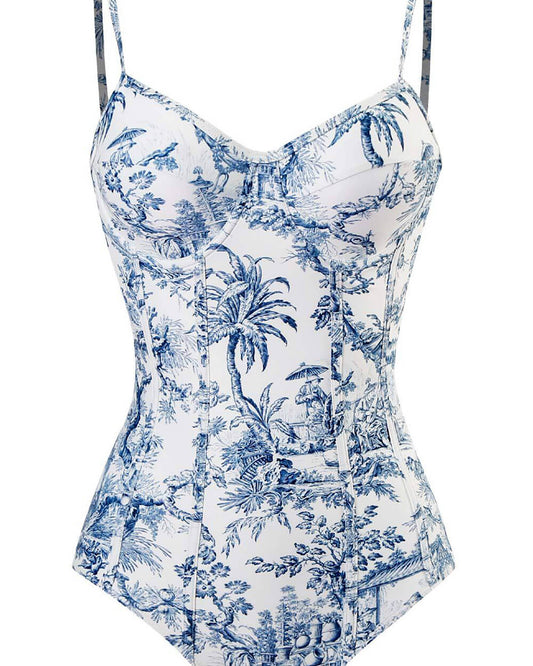 Jungle Printed Balconette One Piece Swimsuit - Blue/Green