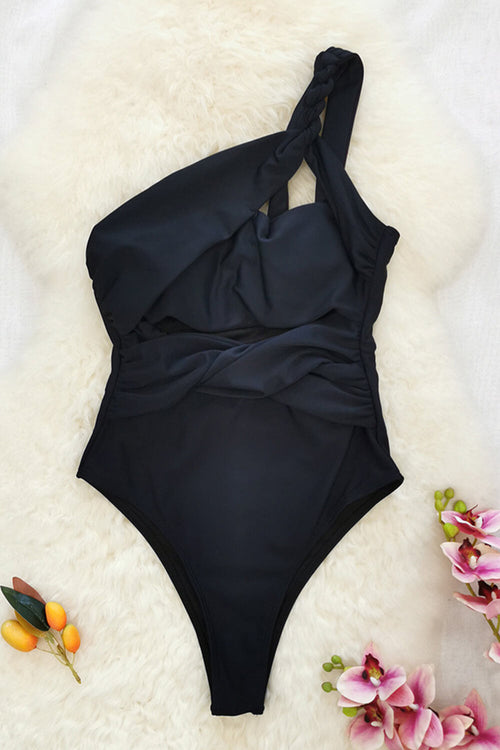 Black One Shoulder Twist-Front Cut-Out One-Piece Swimsuit