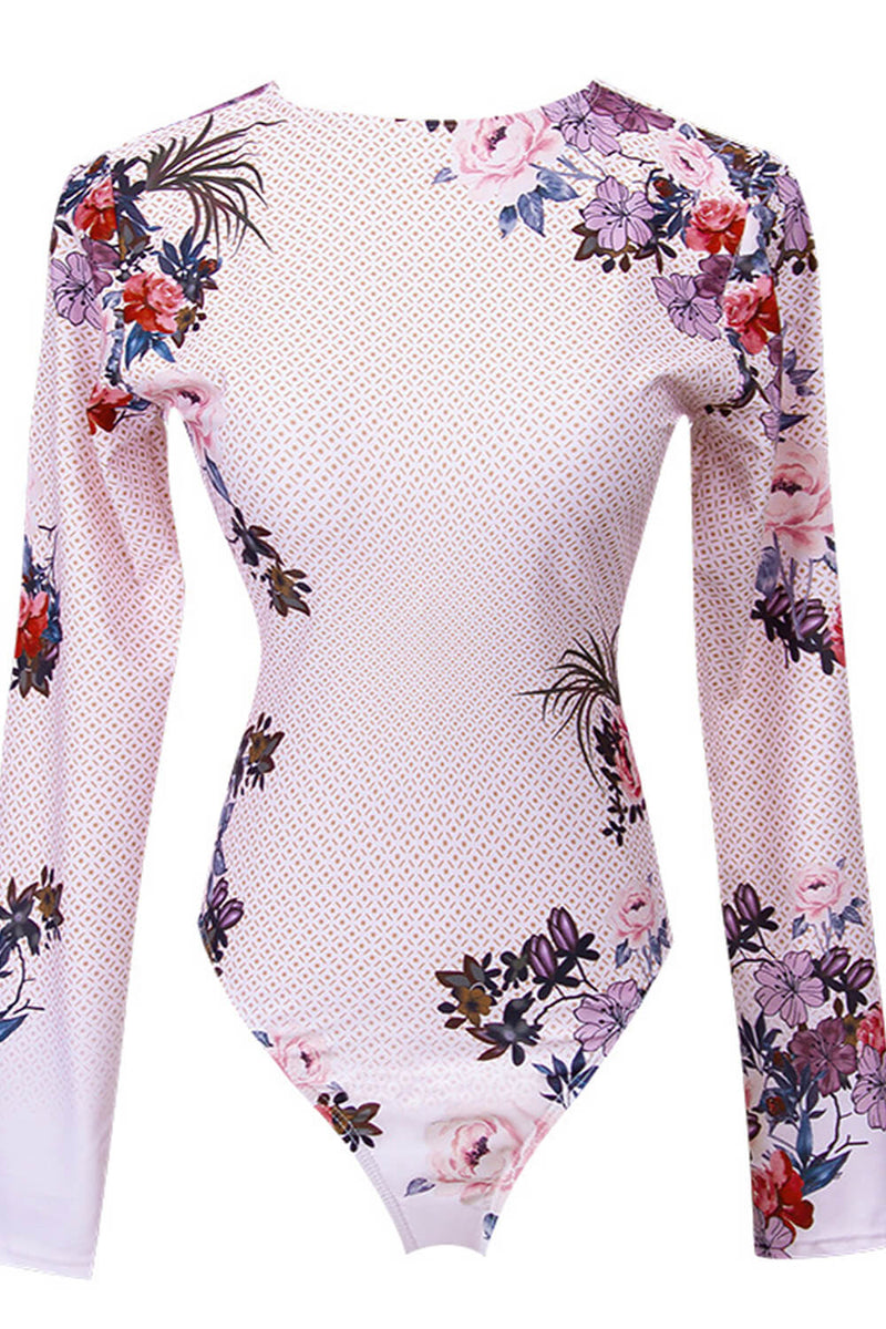Vintage Floral Print High Neeck Long Sleeve One Piece Swimsuit