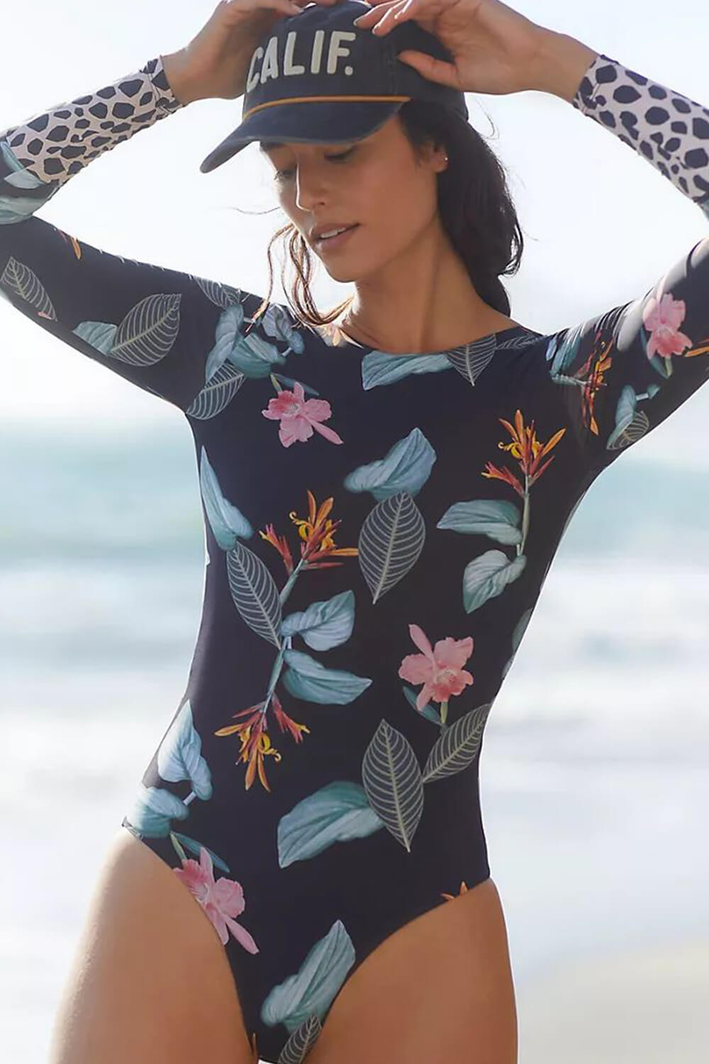 Floral Marble Print Contrasted Long Sleeve One Piece Swimsuit