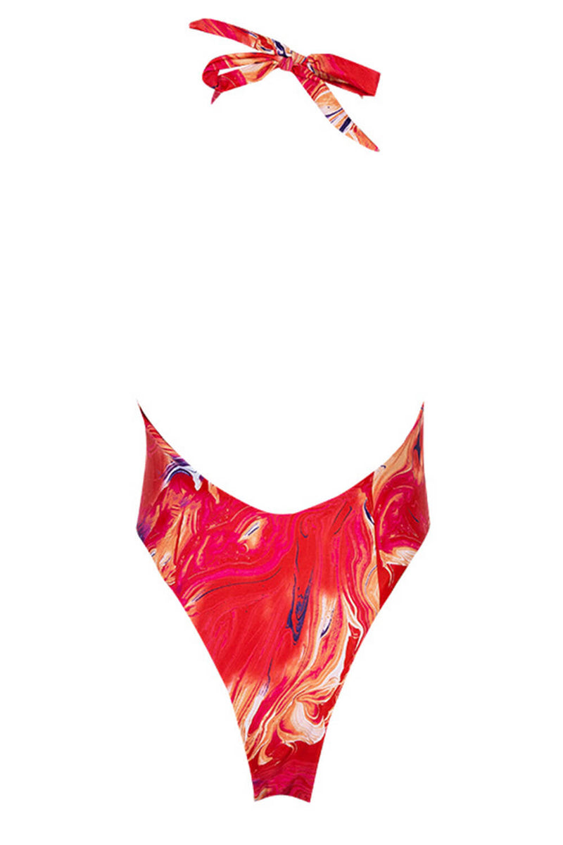 Abstract Printed Criss Cross Cut Out Halter One Piece Swimsuit - Pink/Orange