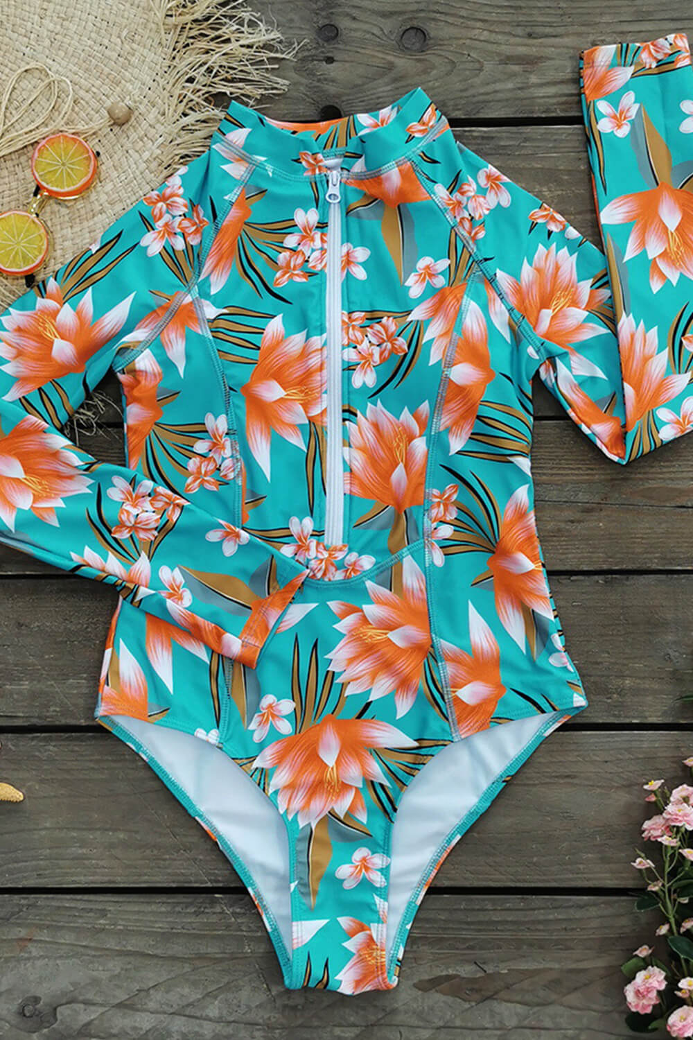 Tropical Palm Print Zipper Front Long Sleeve One Piece Swimsuit