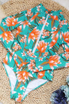 Tropical Palm Print Zipper Front Long Sleeve One Piece Swimsuit