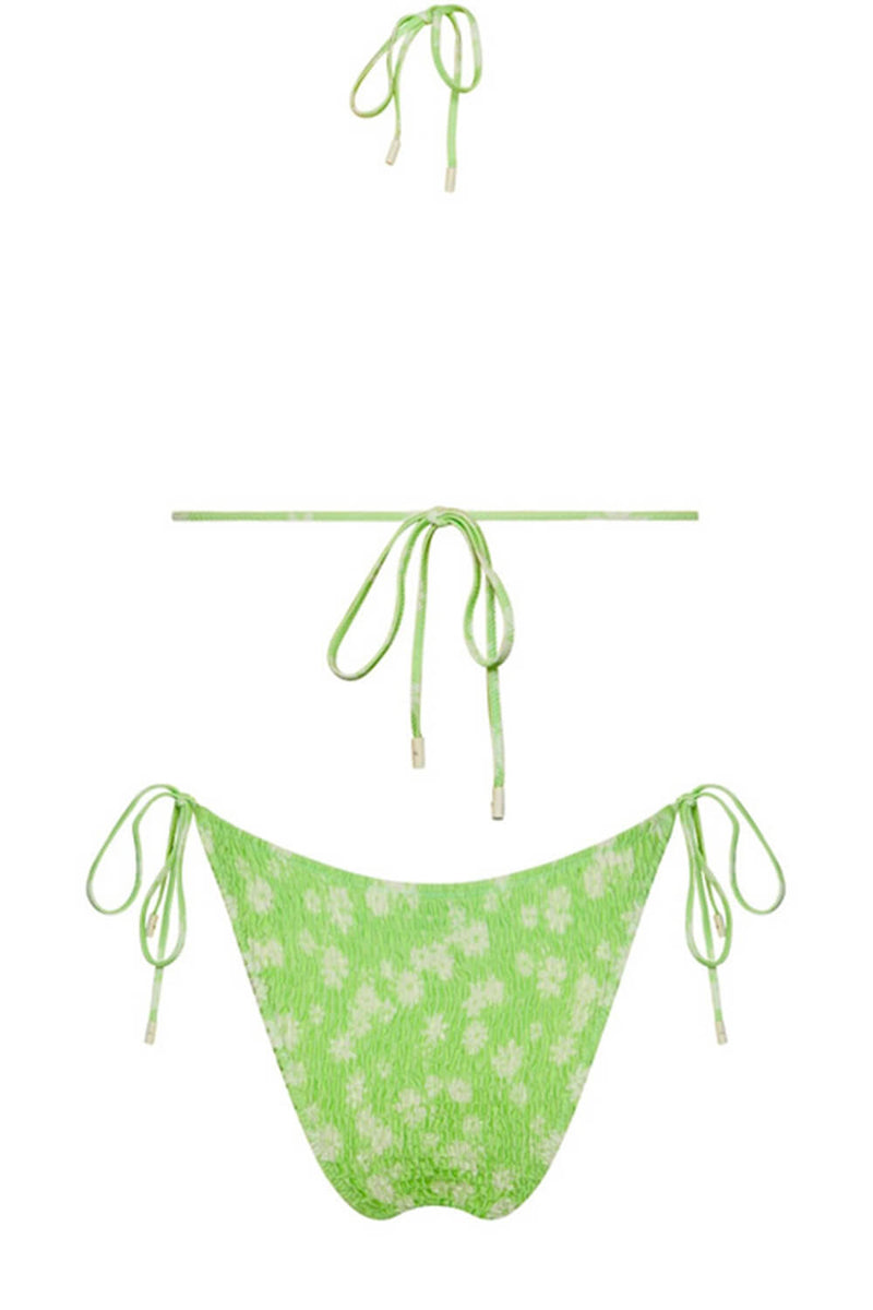 Lime Floral Crinkle Halter Tie Side Bikini Set