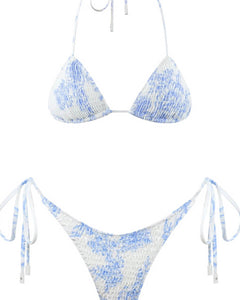 Flower Print Crinkle Triangle Halter Tie Side Bikini Set