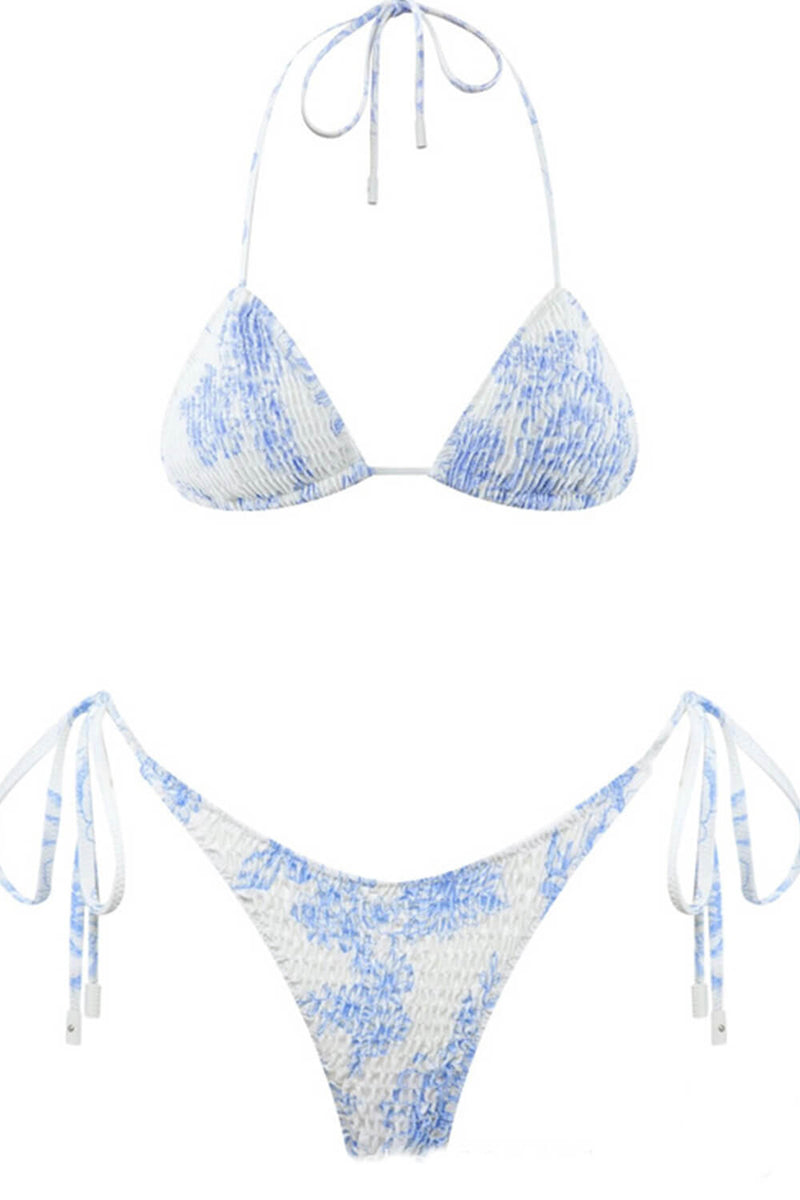 Light Blue Floral Print Crinkle Halter Tie Side Bikini Set