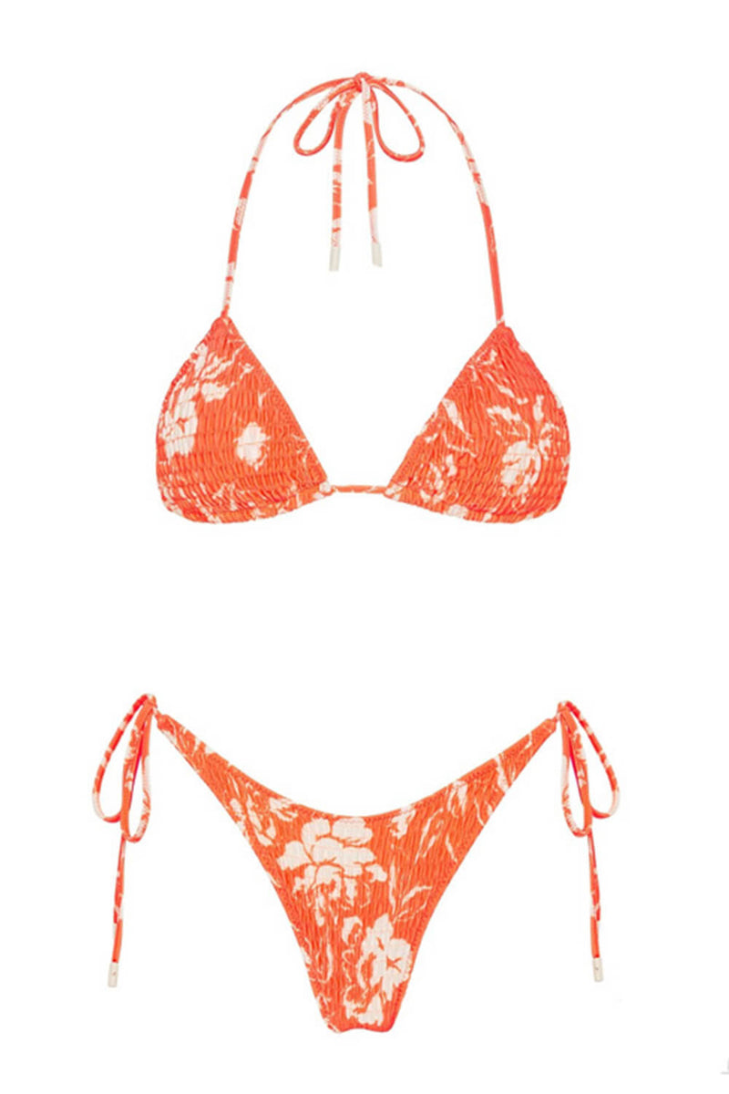 Orange Floral Crinkle Halter Tie Side Bikini Set