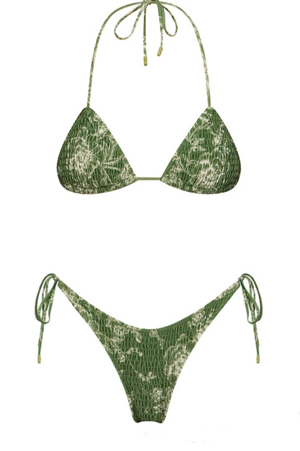 Green Floral Crinkle Halter Tie Side Bikini Set