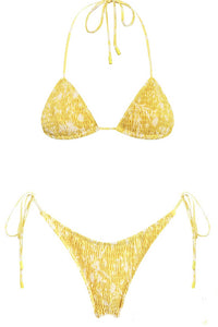 Yellow Floral Crinkle Halter Tie Side Bikini Set