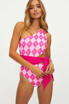 Heart Argyle Ribbed One Shoulder Cut Out Self-Tie One Piece Swimsuit