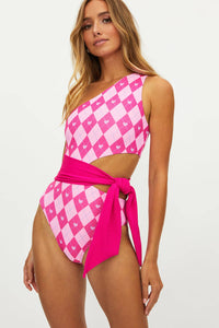 Heart Argyle Ribbed One Shoulder Cut Out Self-Tie One Piece Swimsuit